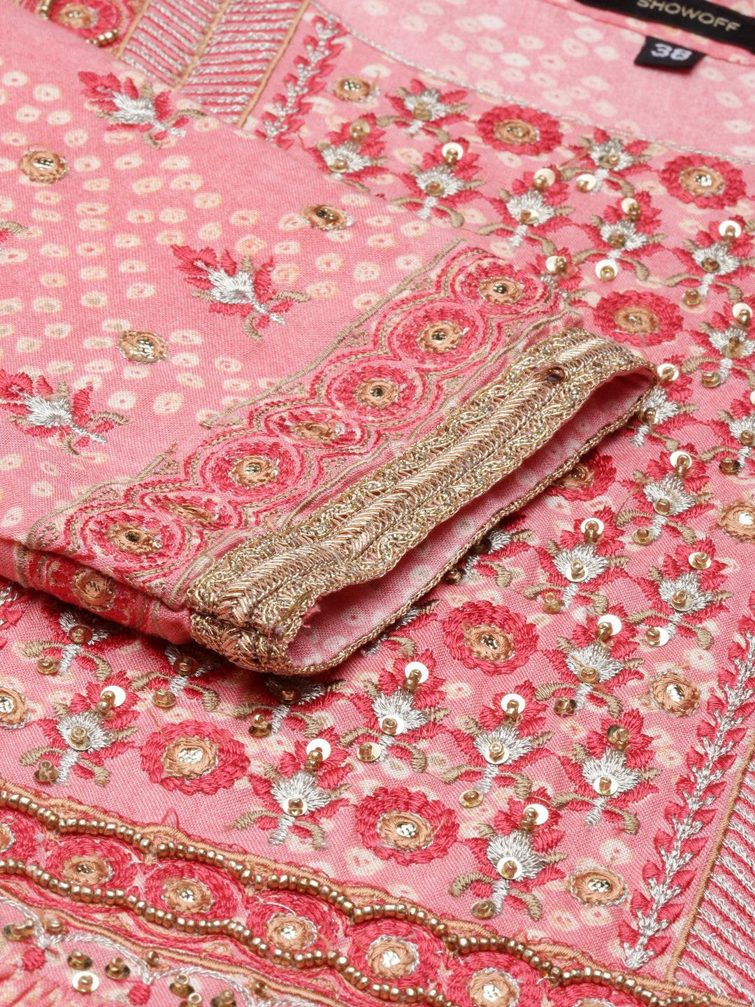 Women's Coral Abstract Printed Thread Work Kurta Set with Dupatta