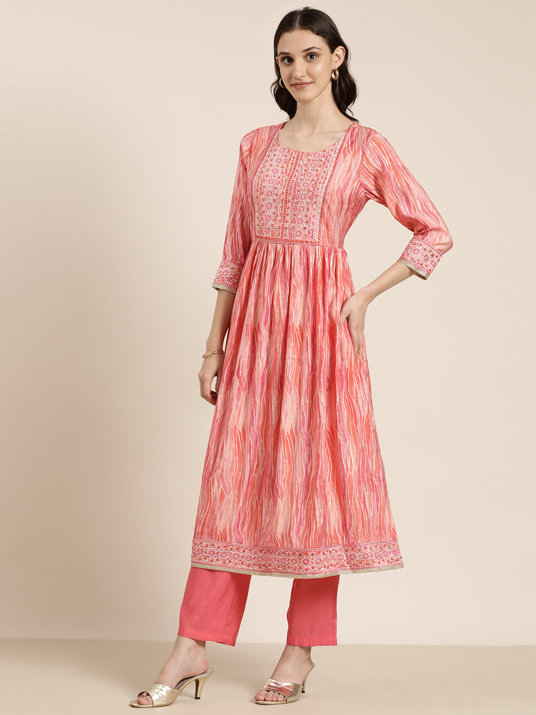 Women's Coral Abstract Printed Thread Work Kurta Set with Dupatta