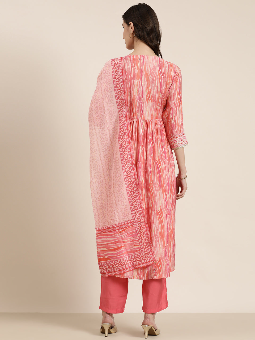 Women's Coral Abstract Printed Thread Work Kurta Set with Dupatta