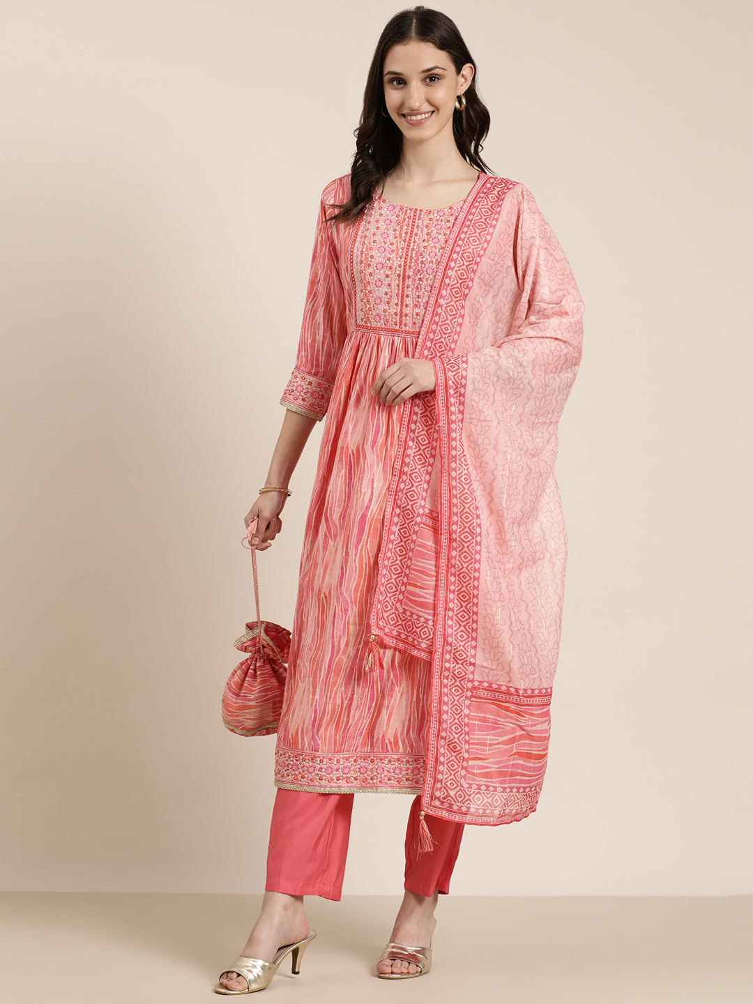Women's Coral Abstract Printed Thread Work Kurta Set with Dupatta