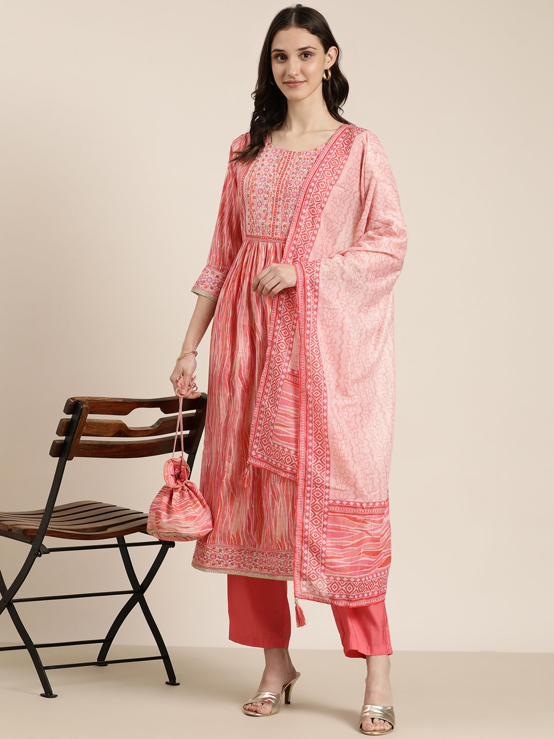 Women's Coral Abstract Printed Thread Work Kurta Set with Dupatta