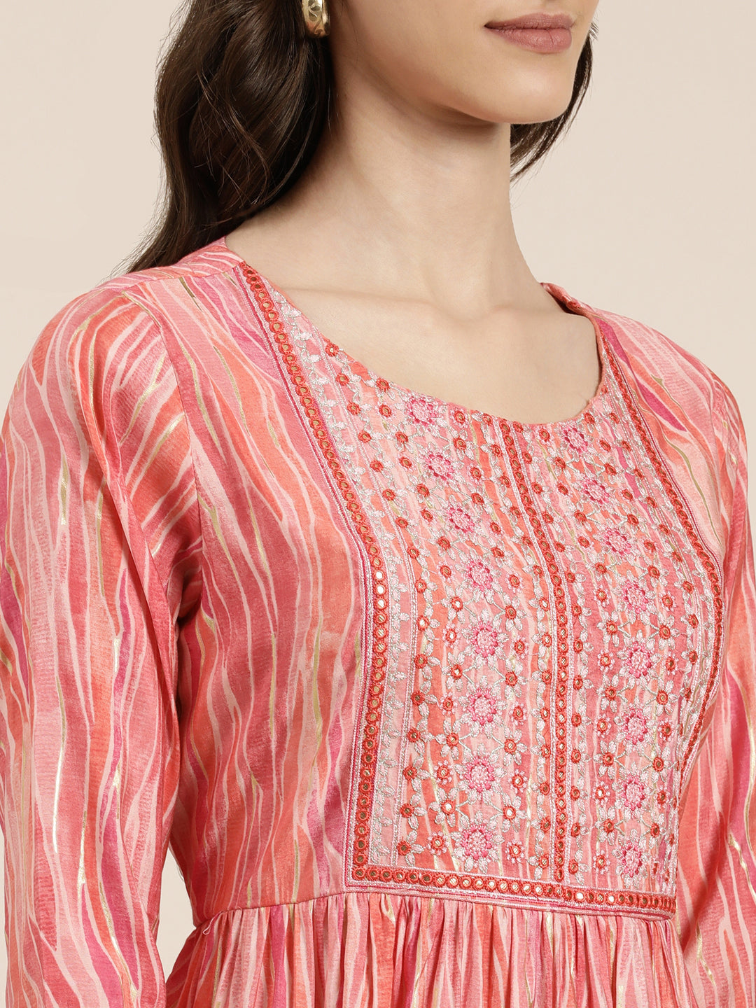 Women's Coral Abstract Printed Thread Work Kurta Set with Dupatta