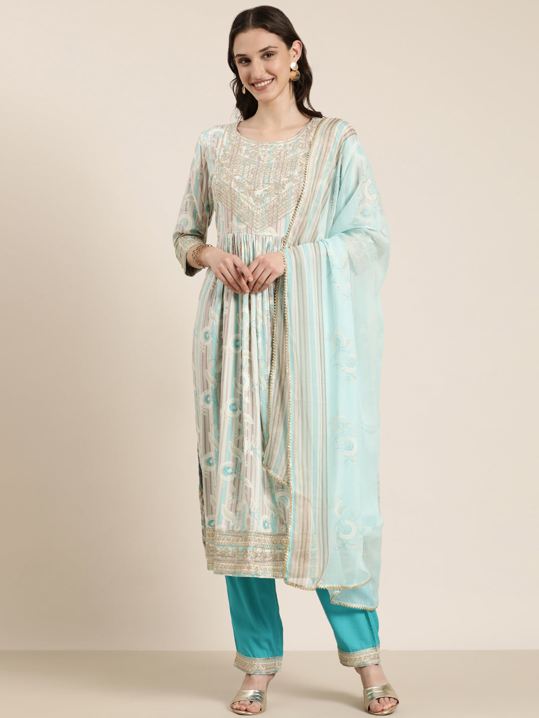 Women Turquoise Blue Floral Kurta Set