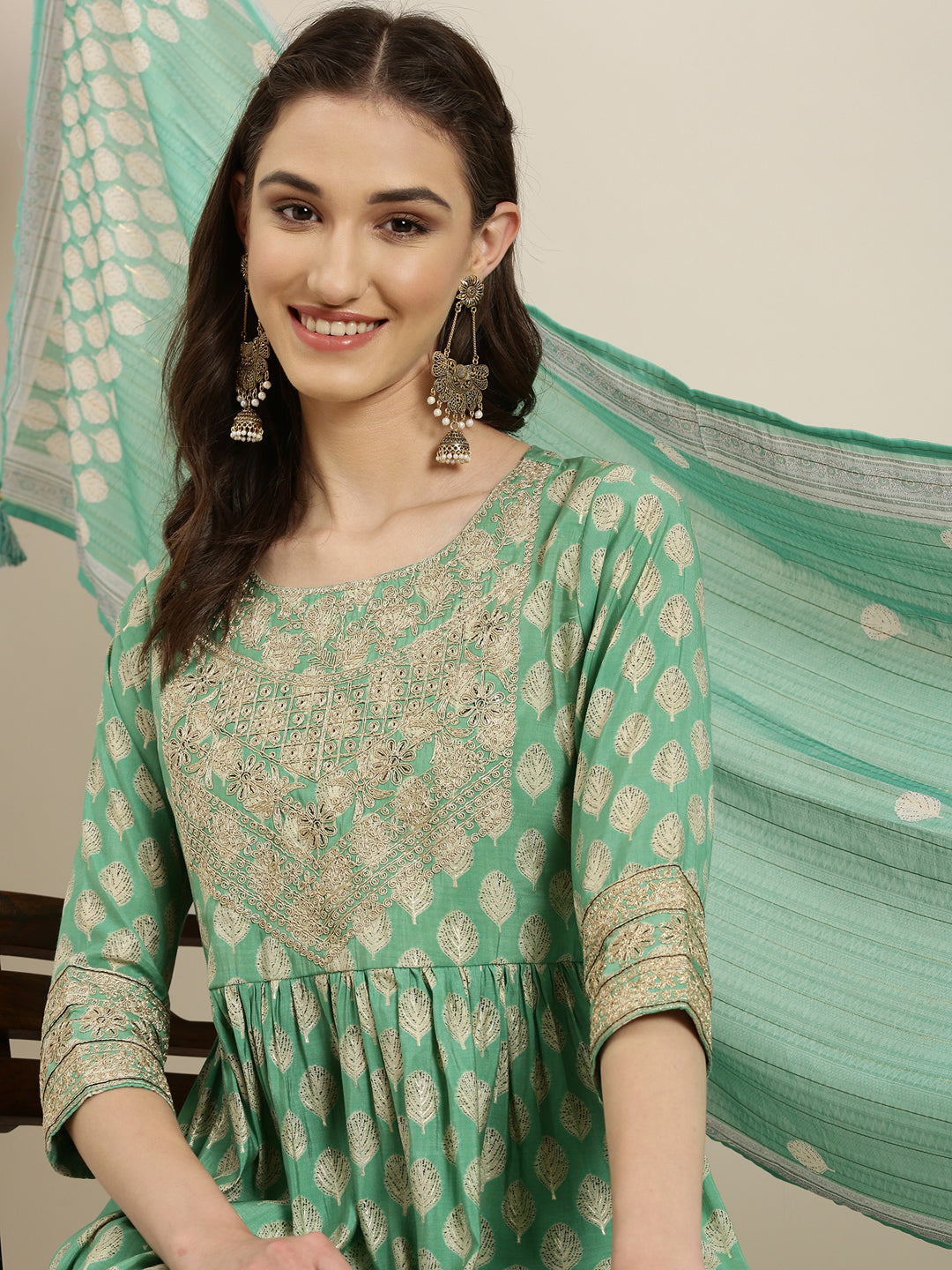 Women Green Floral Kurta Set