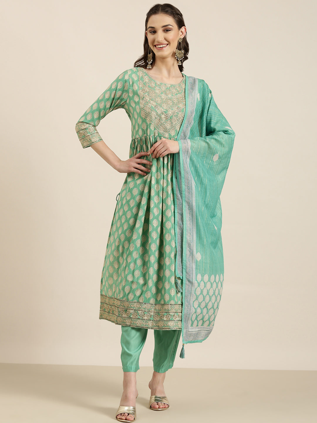 Women Green Floral Kurta Set