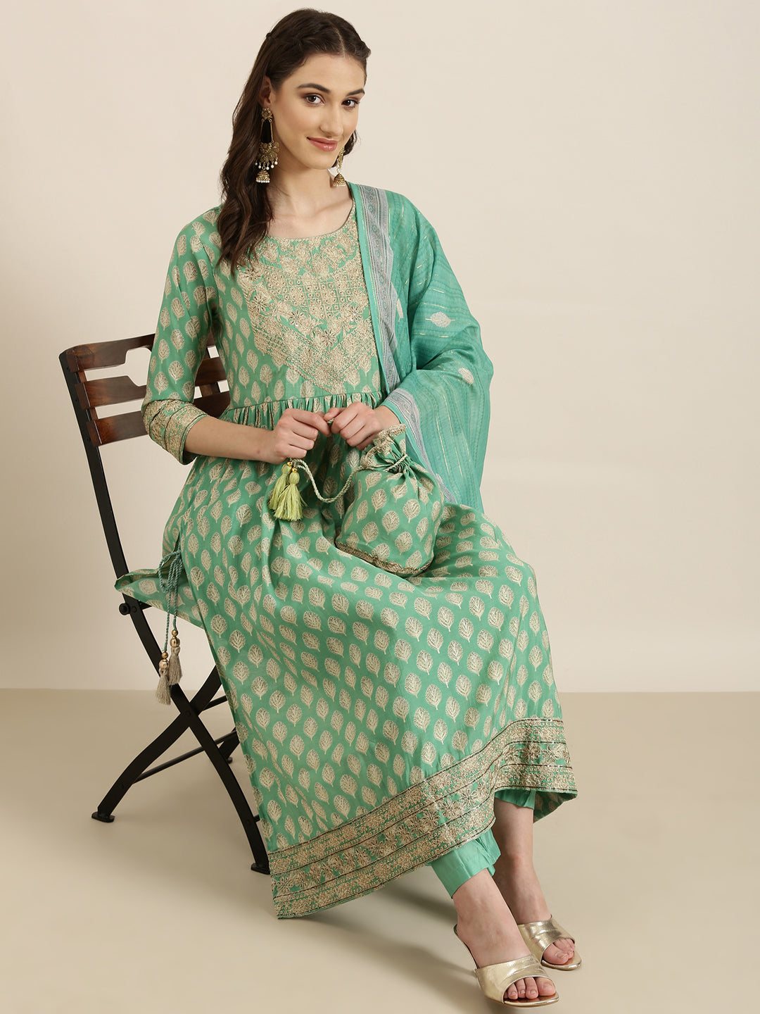 Women Green Floral Kurta Set