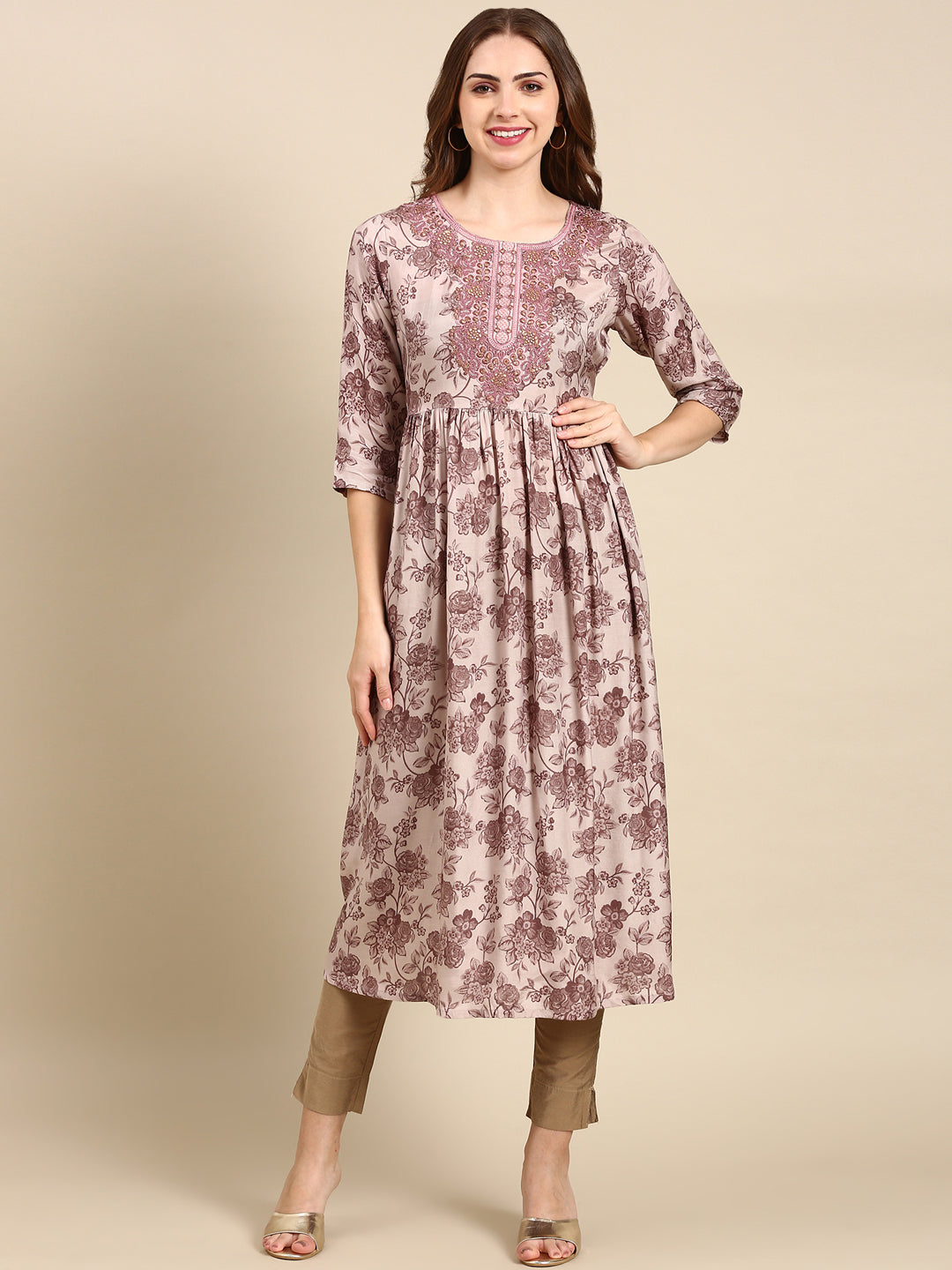 Women's Mauve Floral Anarkali Kurta