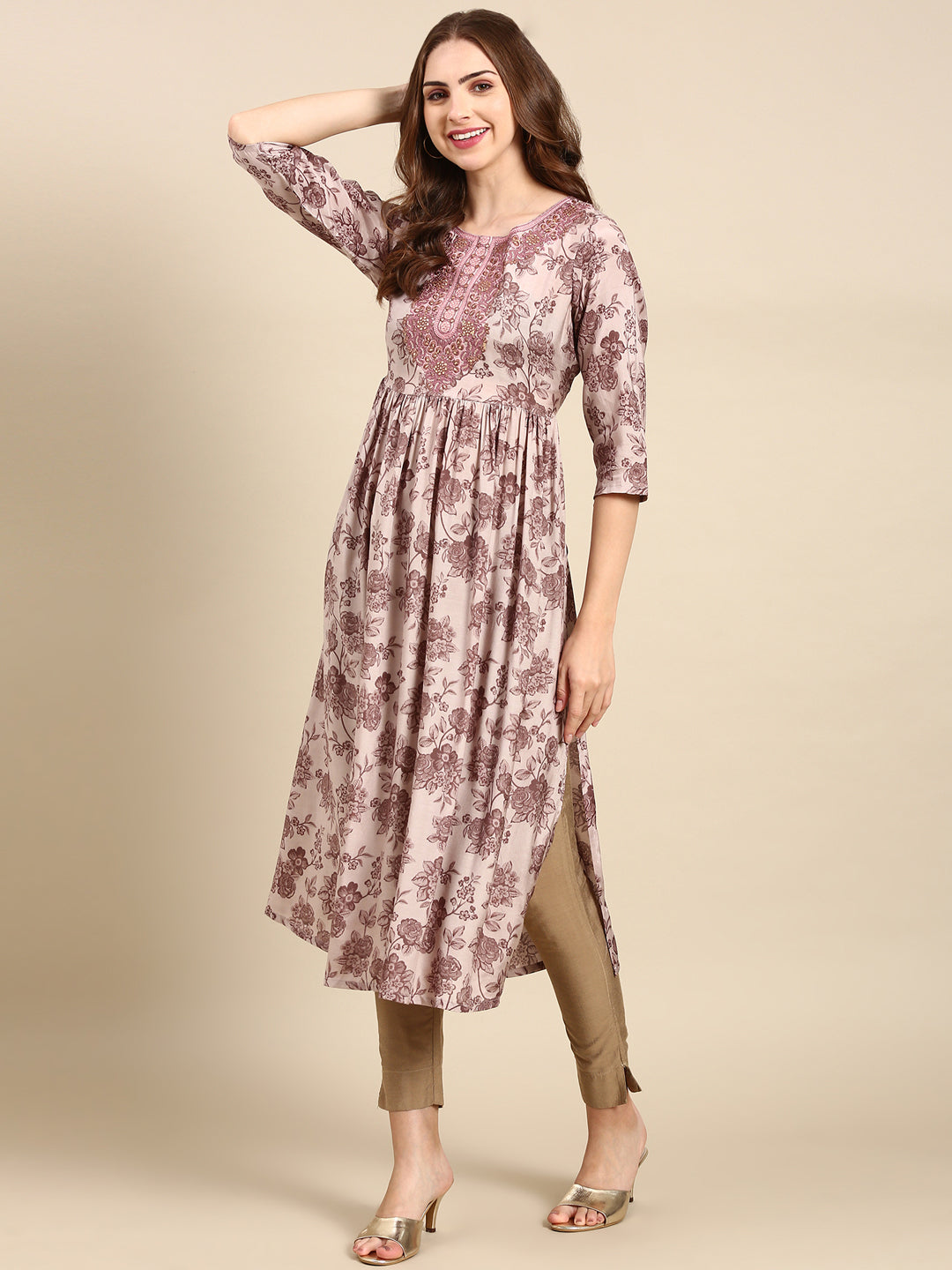 Women's Mauve Floral Anarkali Kurta