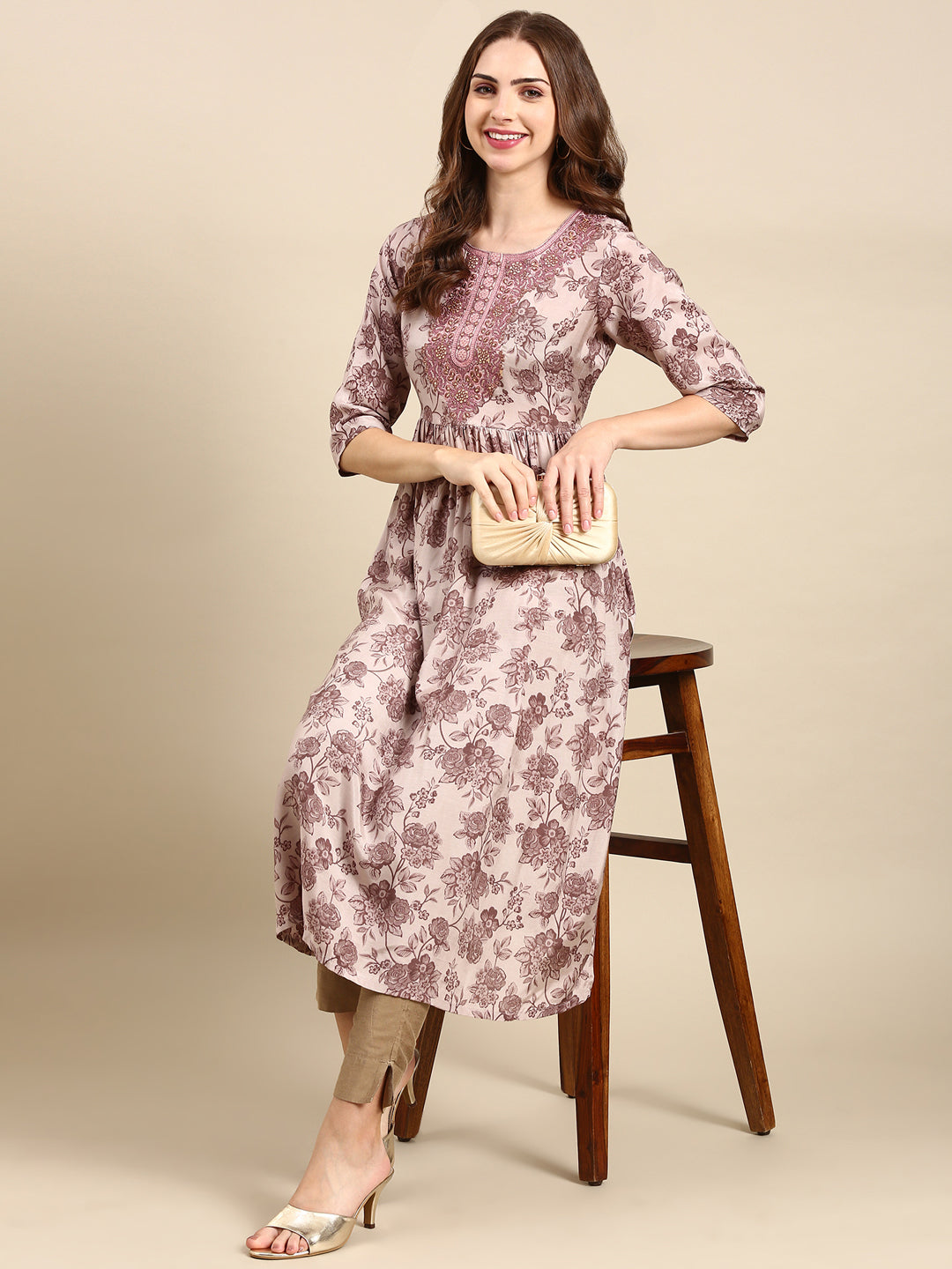 Women's Mauve Floral Anarkali Kurta