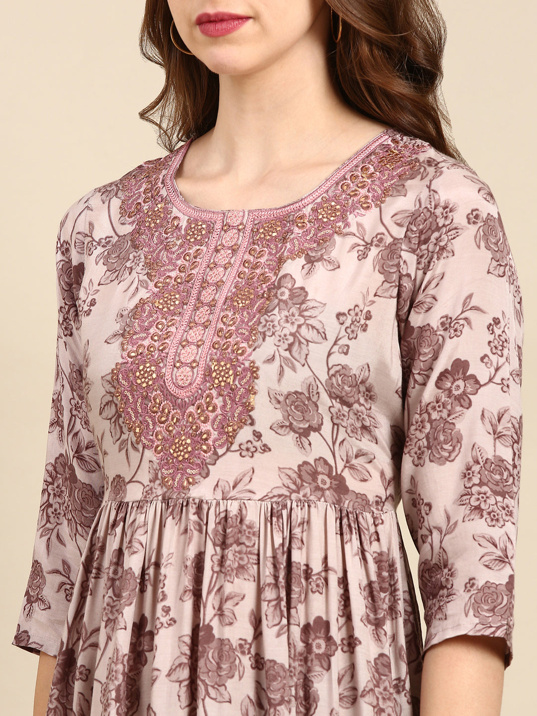 Women's Mauve Floral Anarkali Kurta