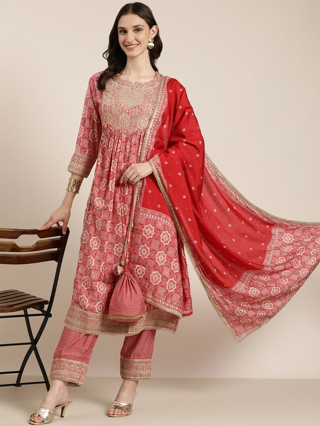 Women Red Printed Kurta Set