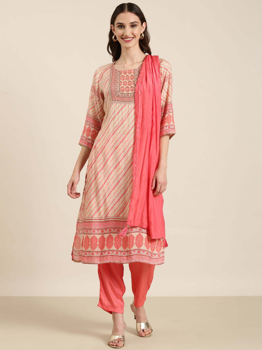 Women Beige Striped Kurta Set