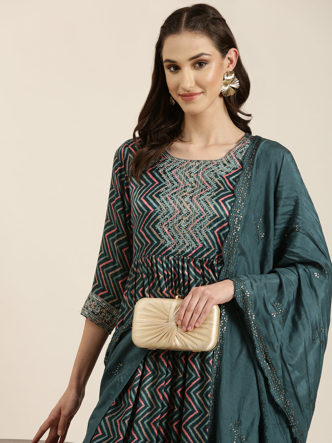 Women Teal Chevron Kurta Set