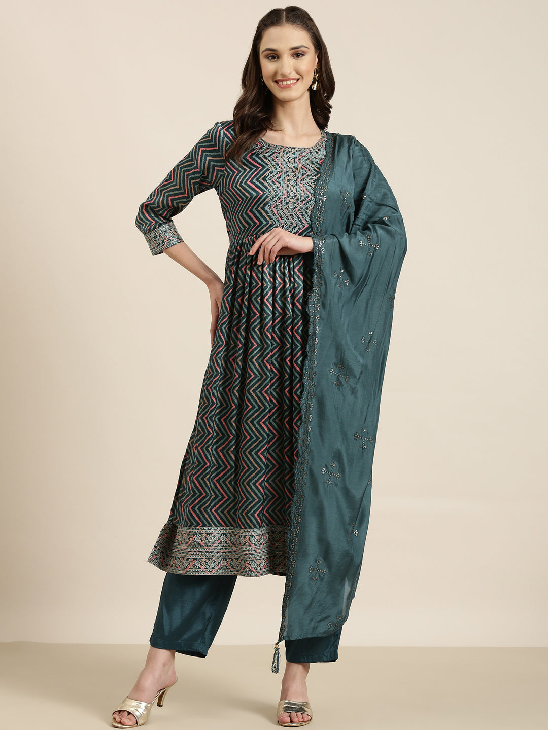 Women Teal Chevron Kurta Set