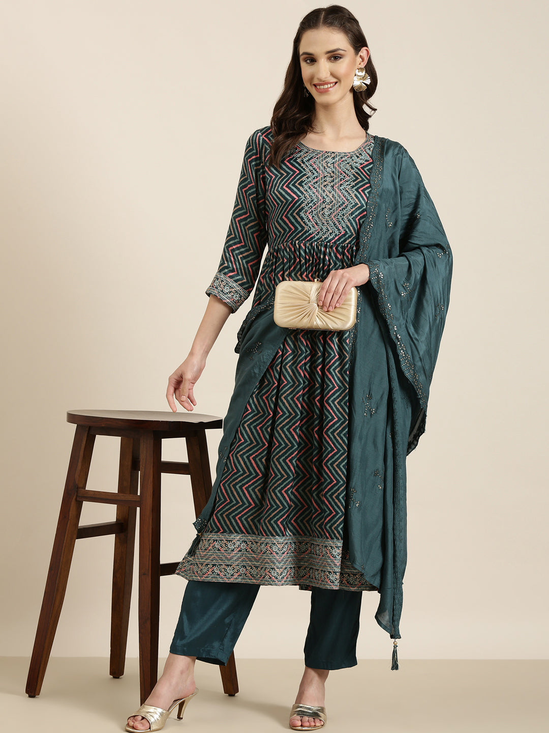 Women Teal Chevron Kurta Set