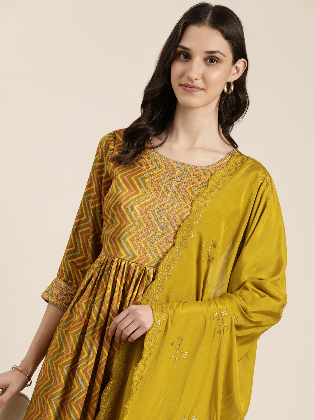 Women Lime Green Chevron Kurta Set