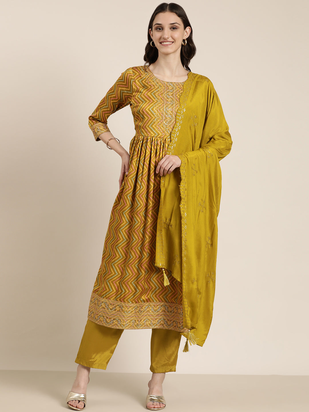 Women Lime Green Chevron Kurta Set