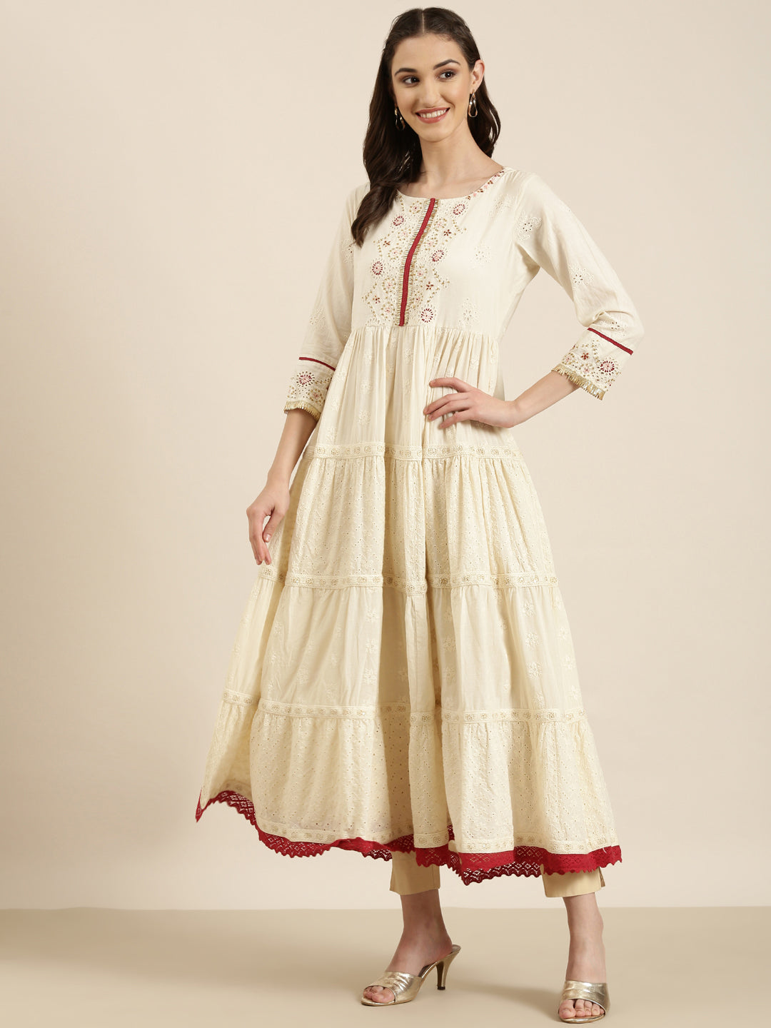 Women Cream Solid Anarkali Kurta