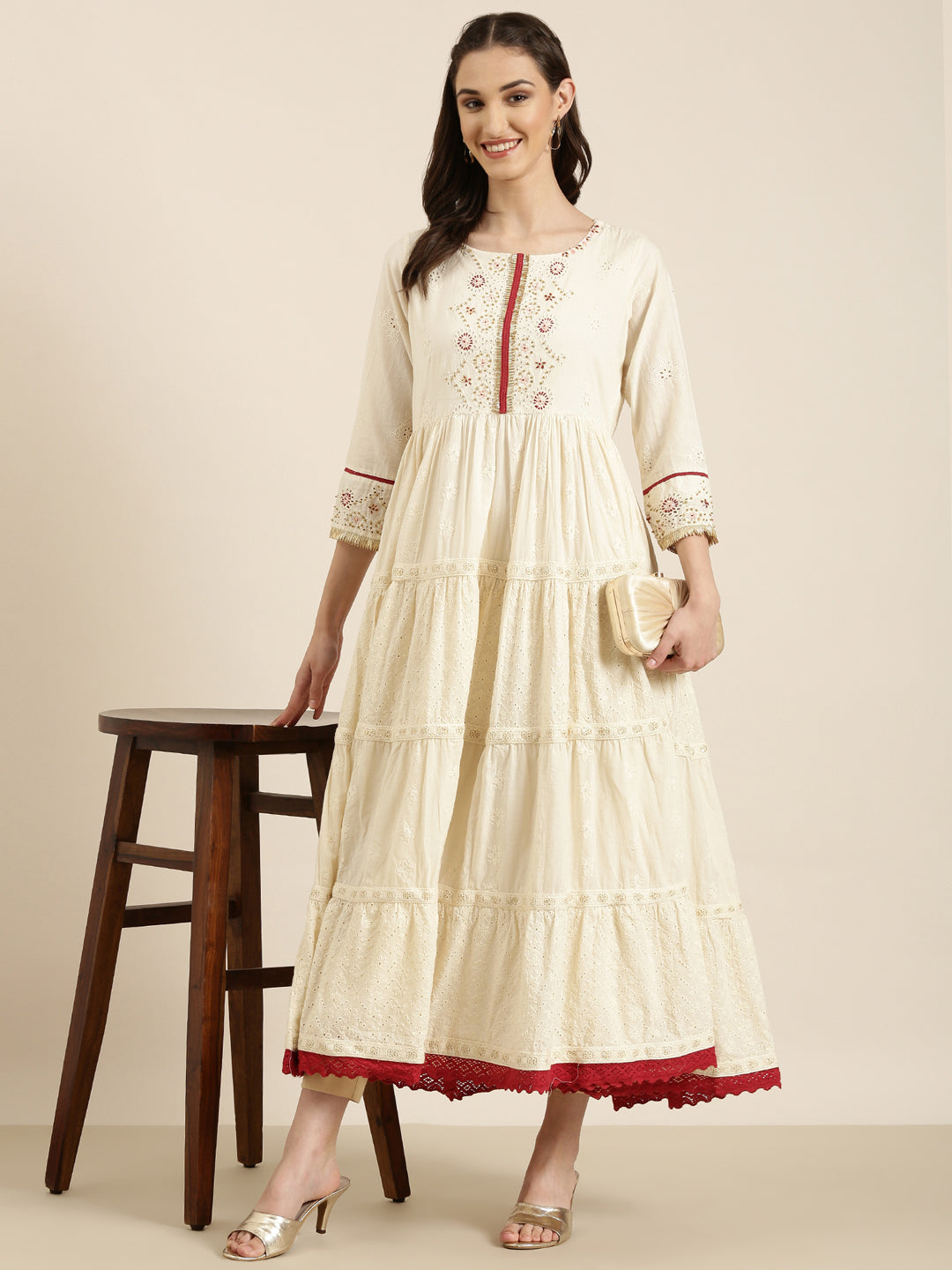 Women Cream Solid Anarkali Kurta