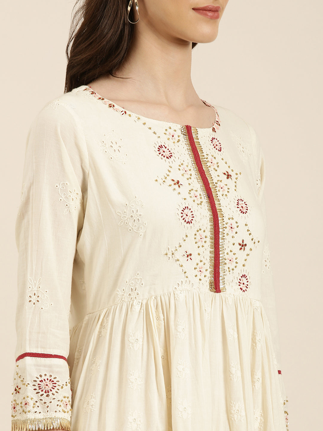 Women Cream Solid Anarkali Kurta