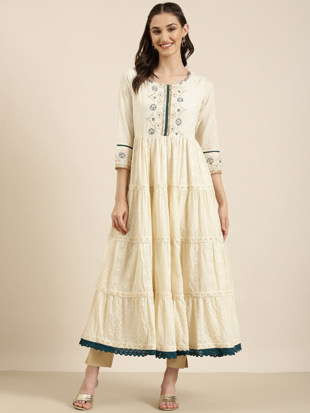 Women Off White Solid Anarkali Kurta