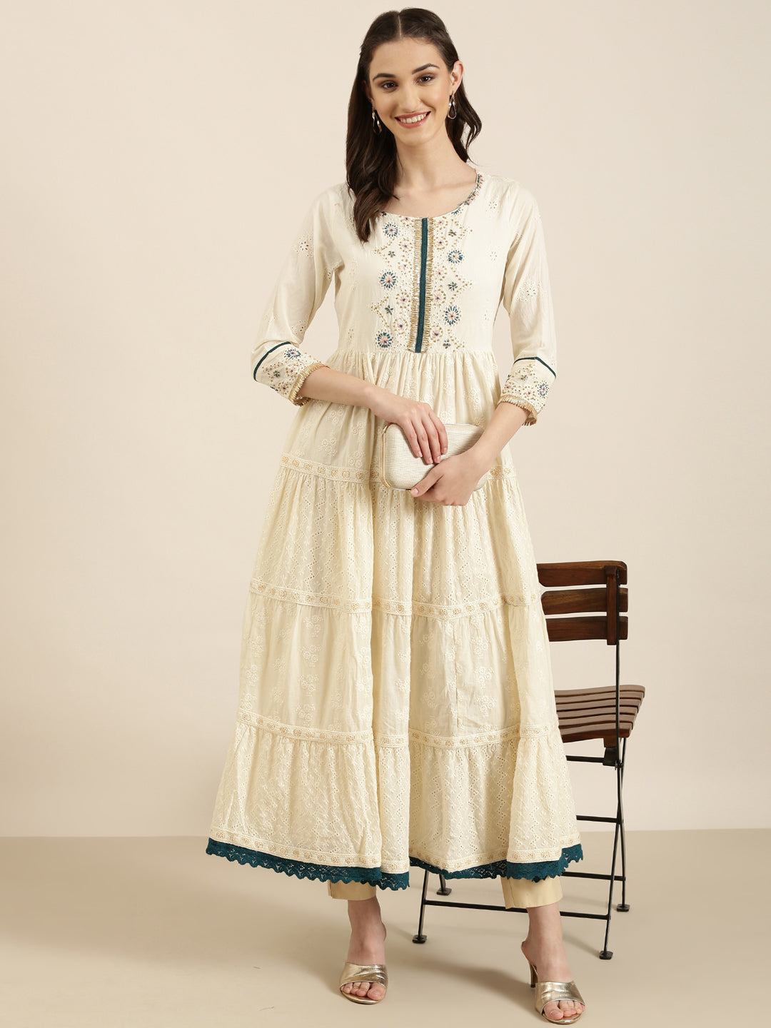 Women Off White Solid Anarkali Kurta