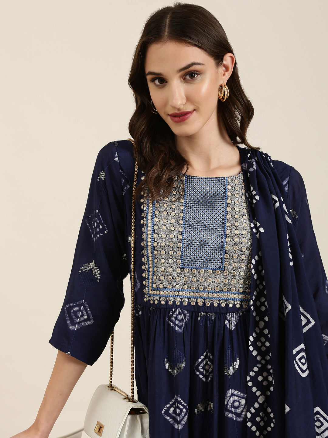 Women Navy Blue Geometrical Kurta Set