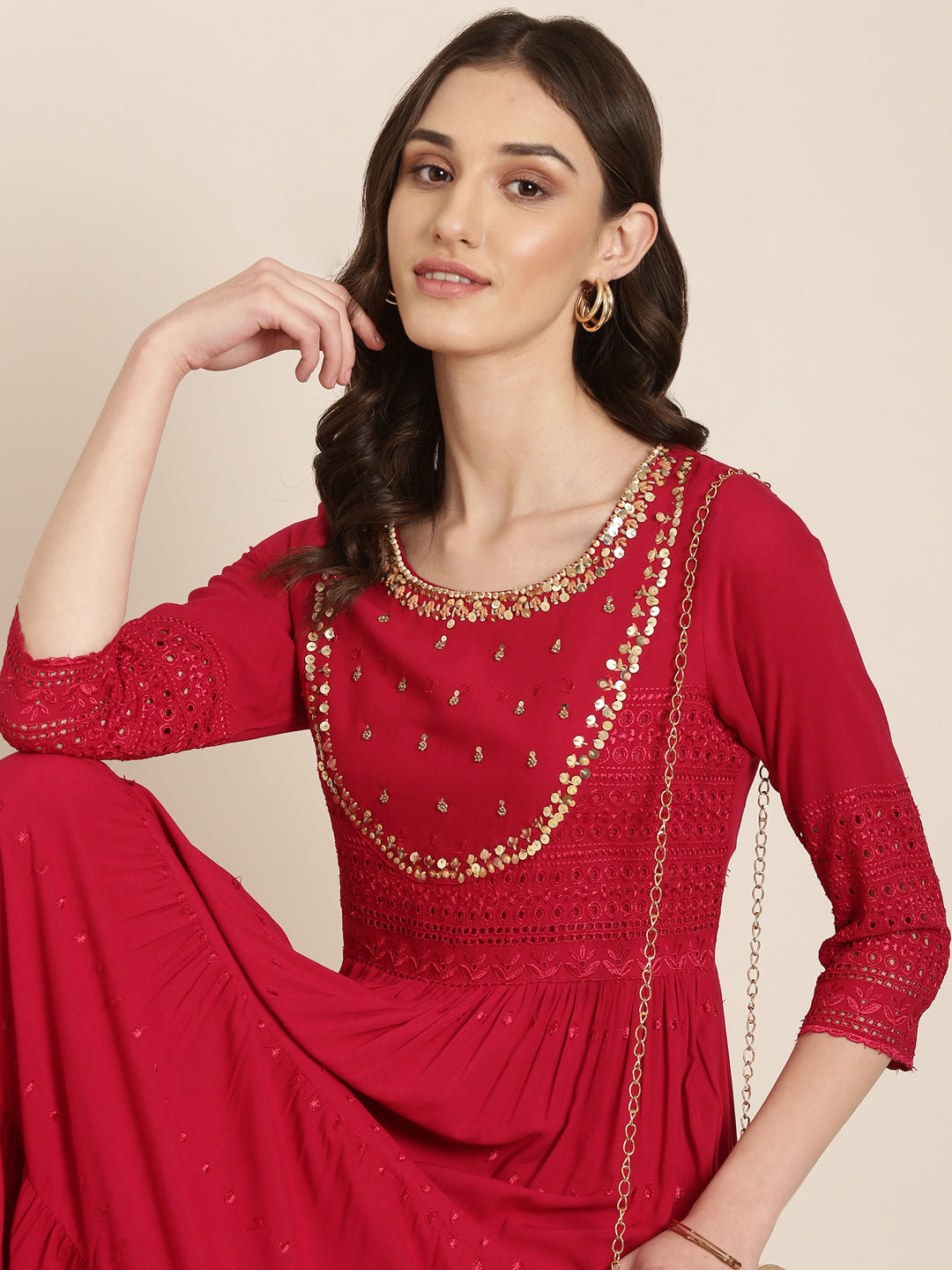 Women Maroon Embellished Fit and Flare Kurta