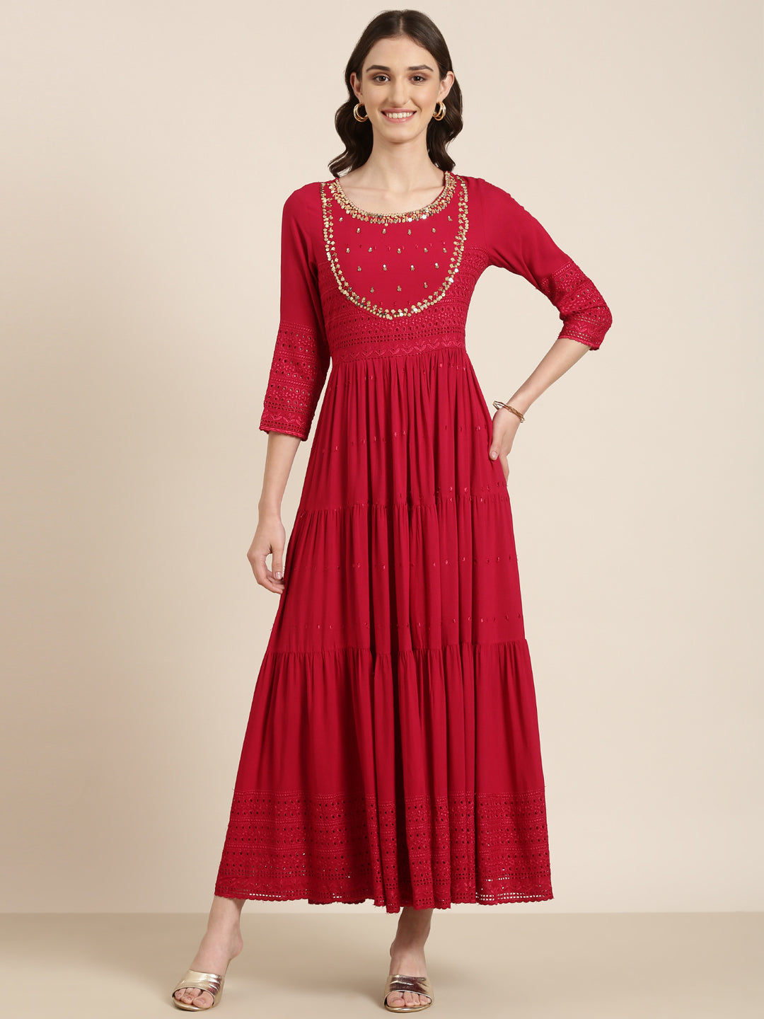 Women Maroon Embellished Fit and Flare Kurta