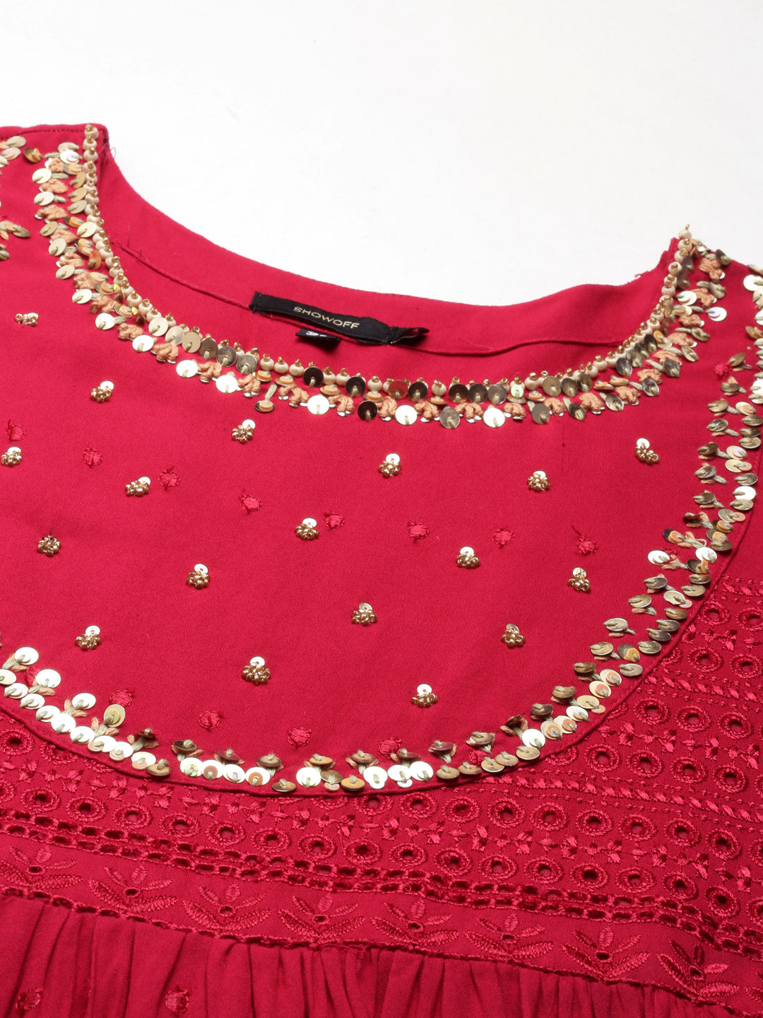 Women Maroon Embellished Fit and Flare Kurta