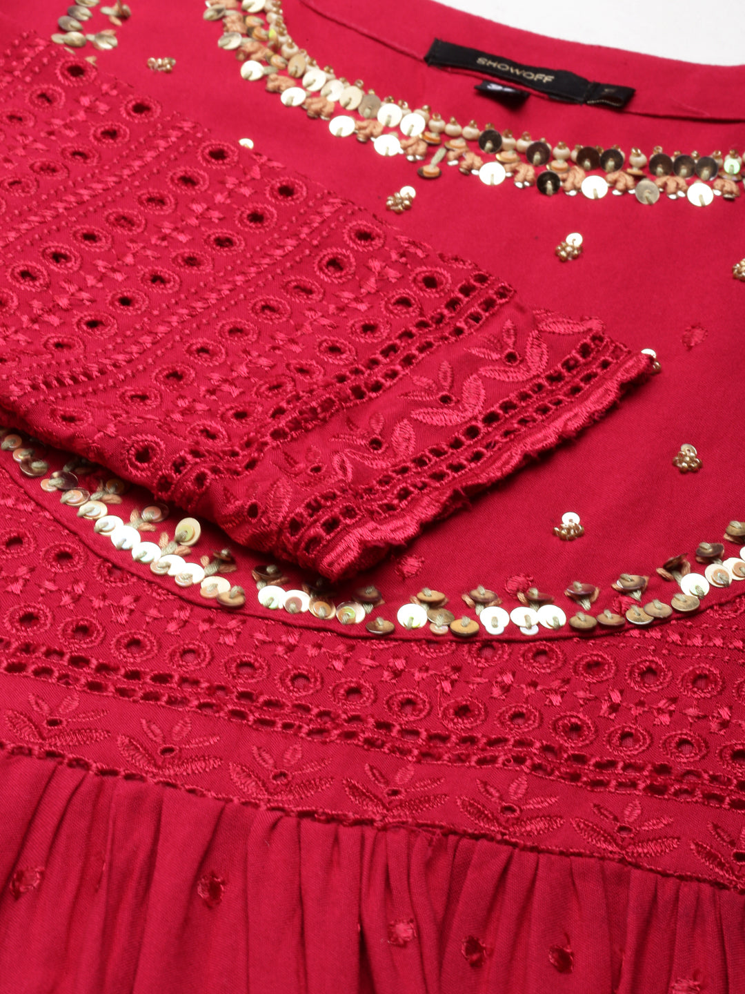 Women Maroon Embellished Fit and Flare Kurta