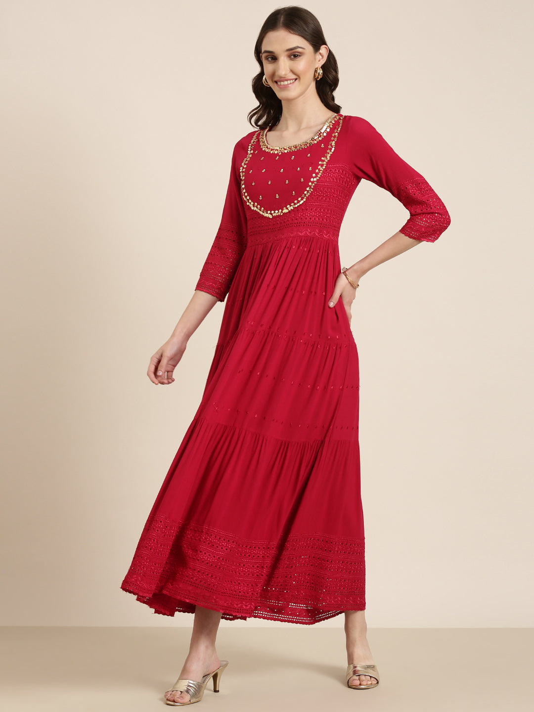 Women Maroon Embellished Fit and Flare Kurta