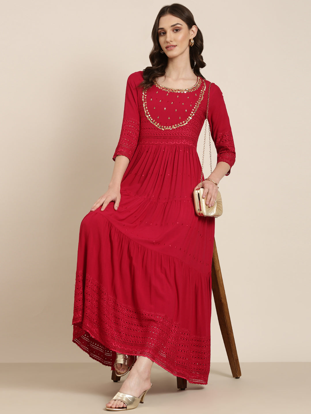 Women Maroon Embellished Fit and Flare Kurta