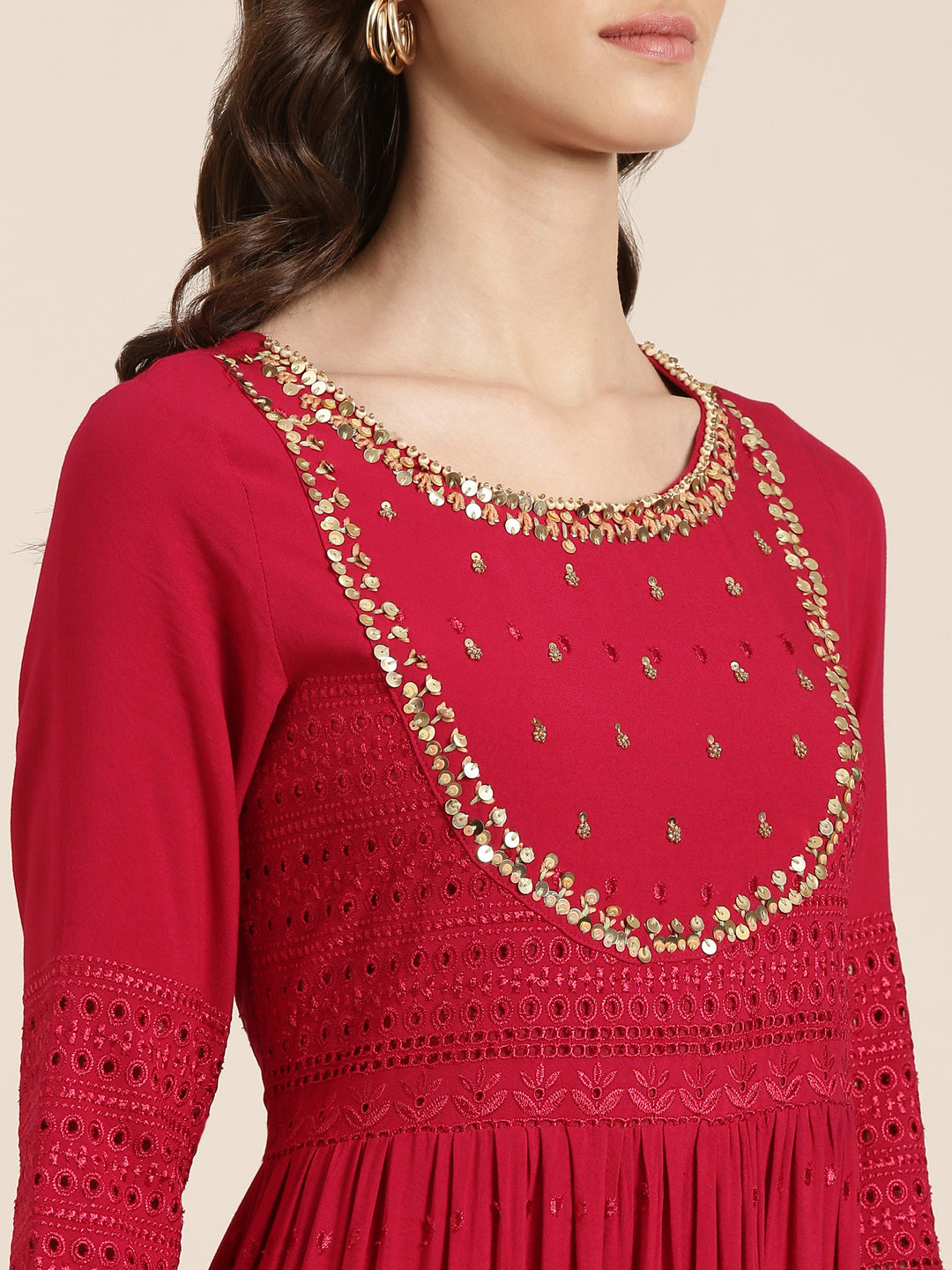 Women Maroon Embellished Fit and Flare Kurta