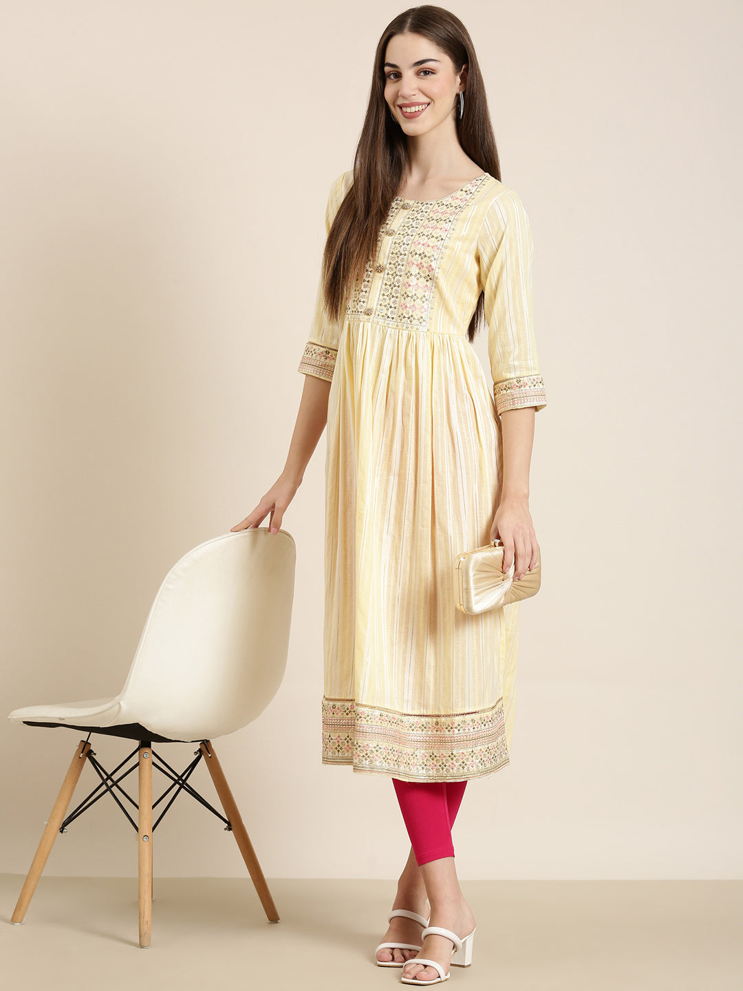 Women Yellow Solid Straight Kurta