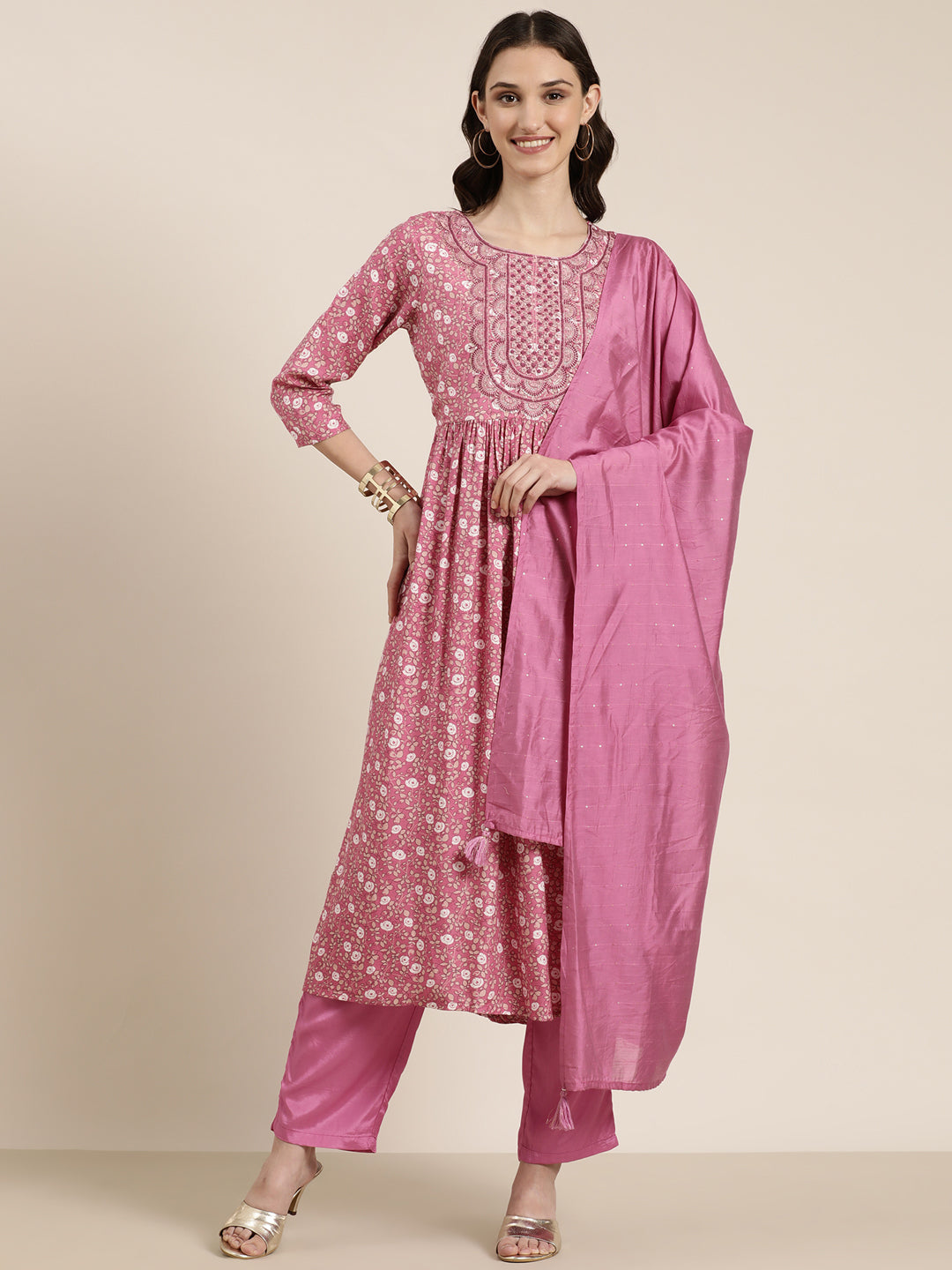 Women Pink Floral Kurta Set