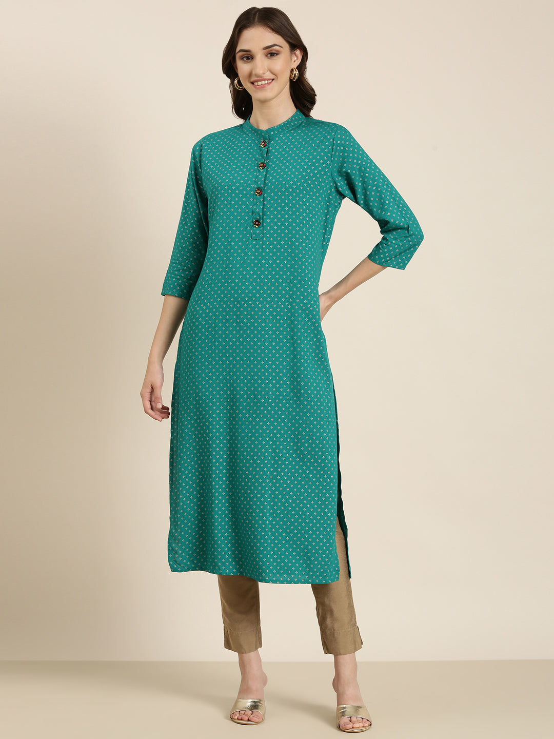 Women Teal Geometrical Straight Kurta