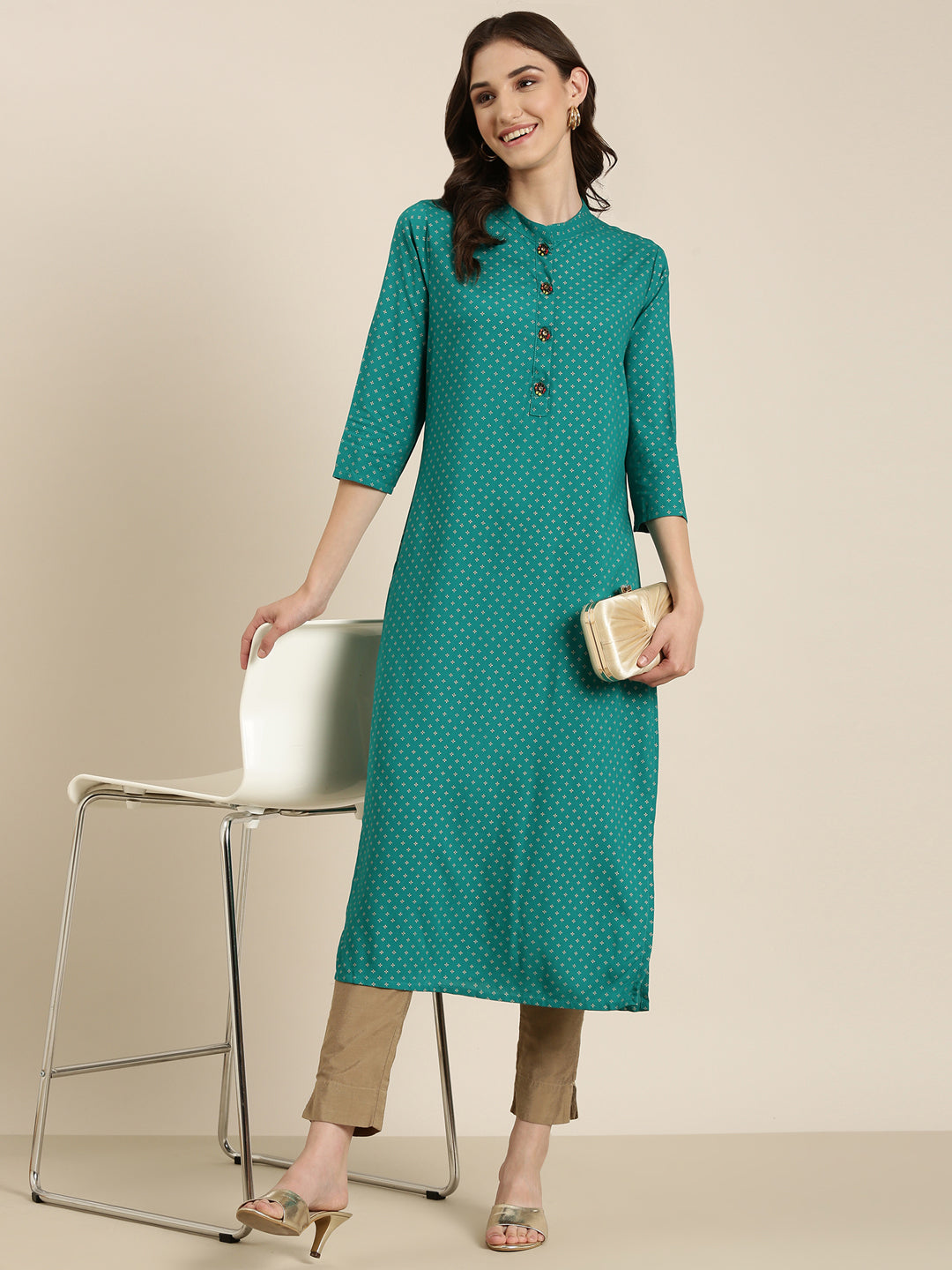 Women Teal Geometrical Straight Kurta