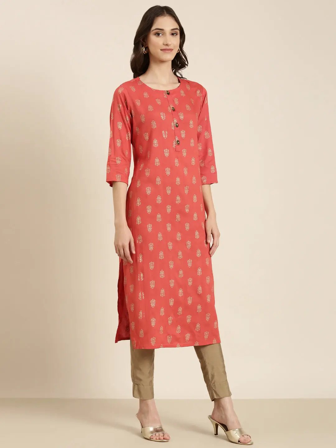 Women's Coral Ethnic Motifs Printed Straight Kurta - from SHOWOFFFF