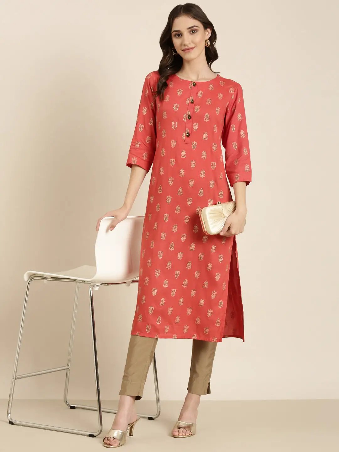 Women's Coral Ethnic Motifs Printed Straight Kurta - from SHOWOFFFF