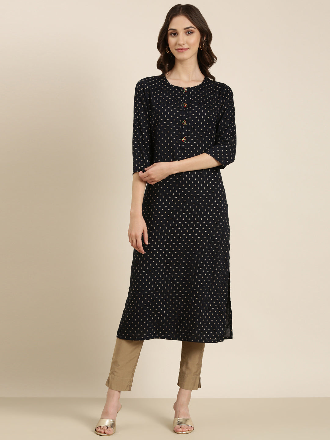 Women Navy Blue Printed Straight Kurta