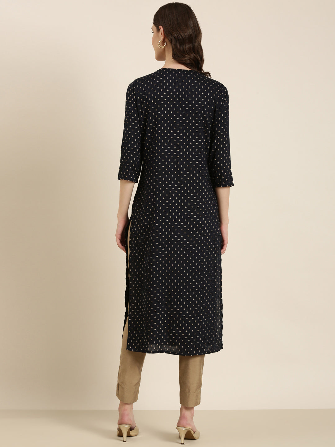 Women Navy Blue Printed Straight Kurta