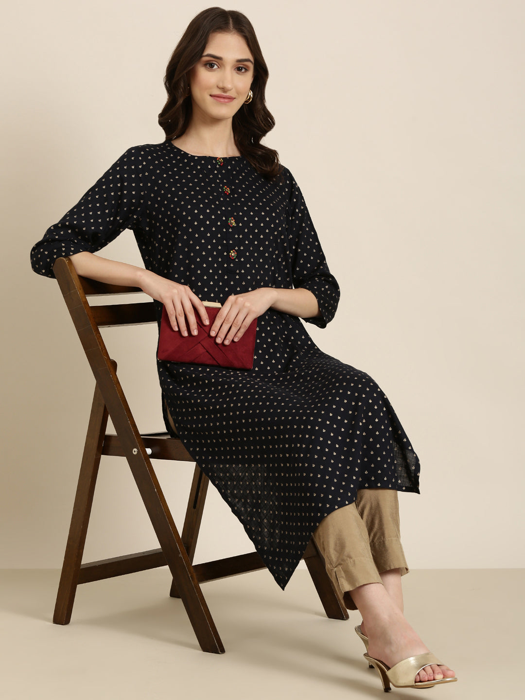 Women Navy Blue Printed Straight Kurta