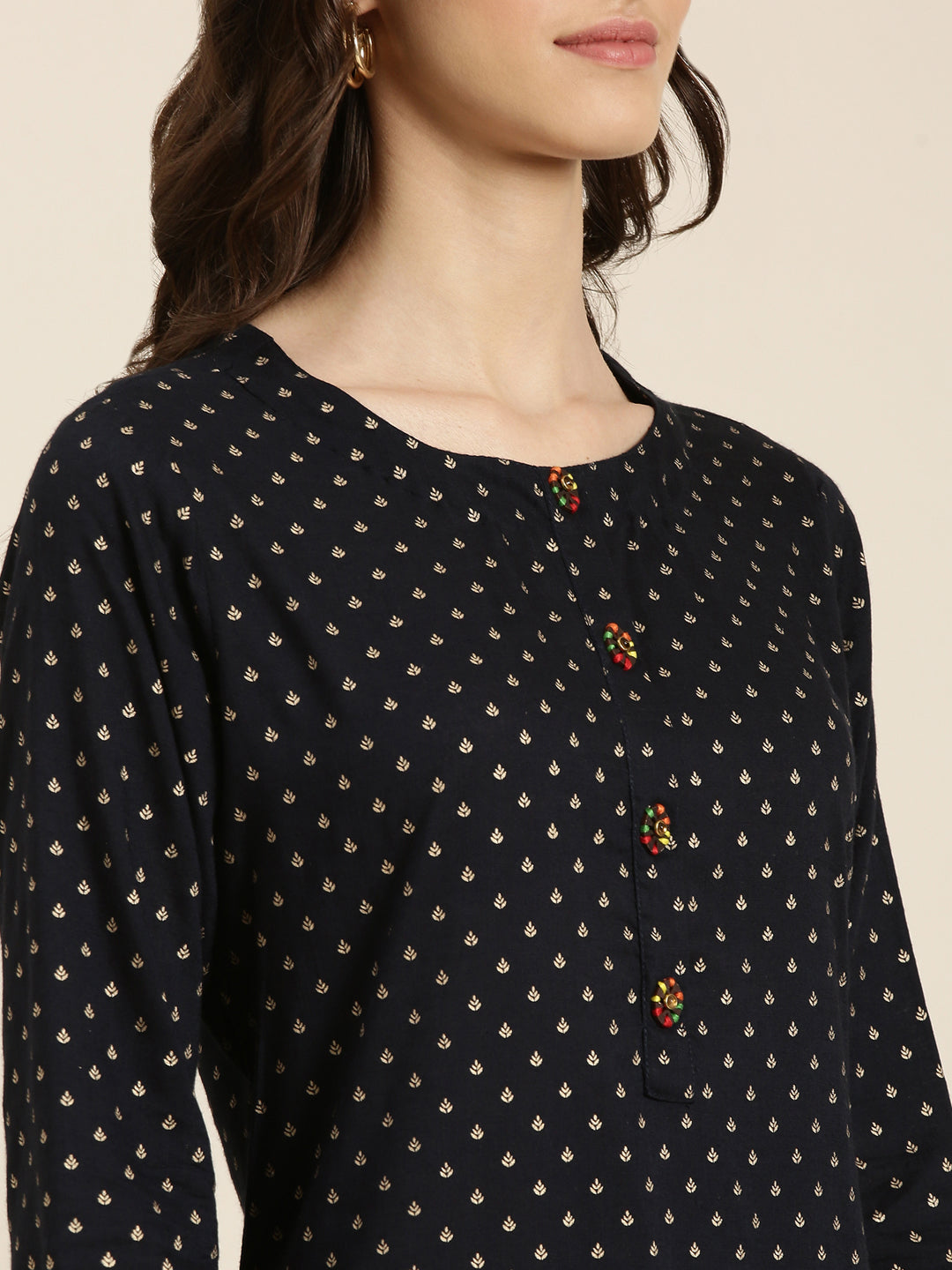 Women Navy Blue Printed Straight Kurta