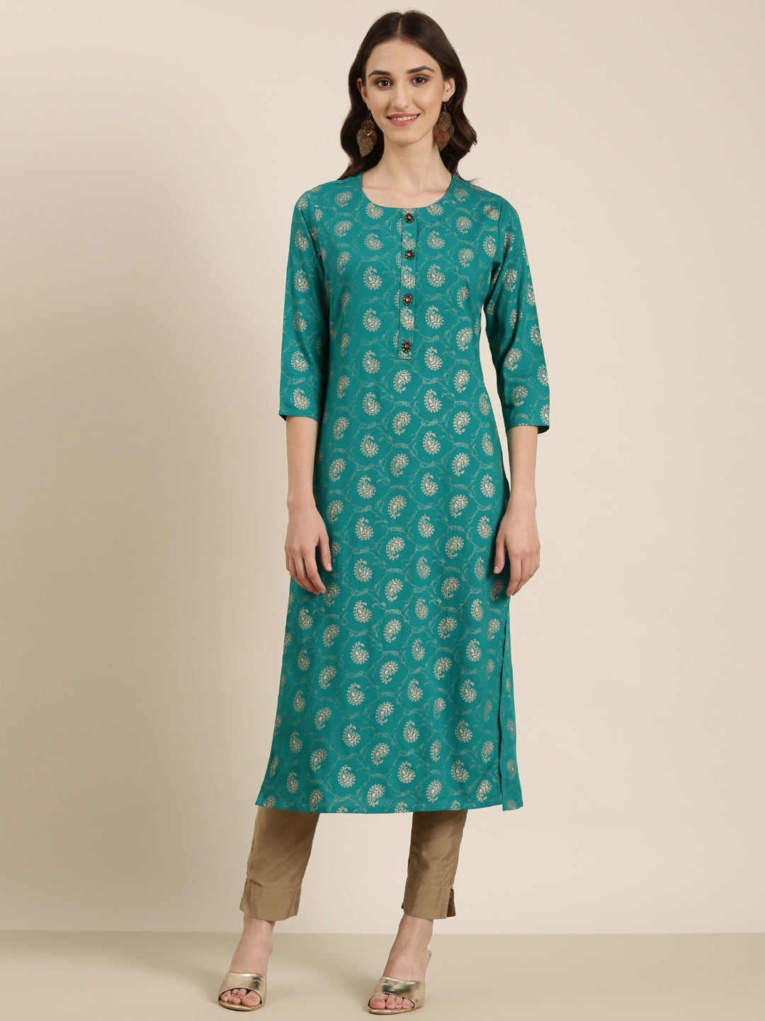 Women Teal Paisley Straight Kurta