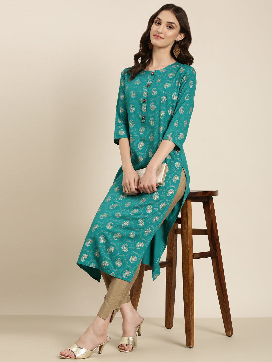 Women Teal Paisley Straight Kurta