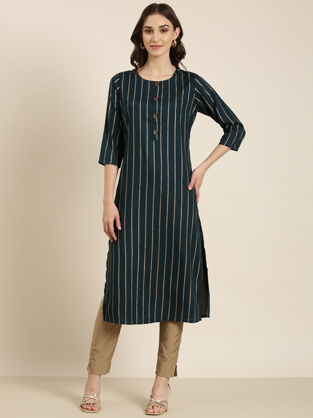 Women Teal Striped Straight Kurta