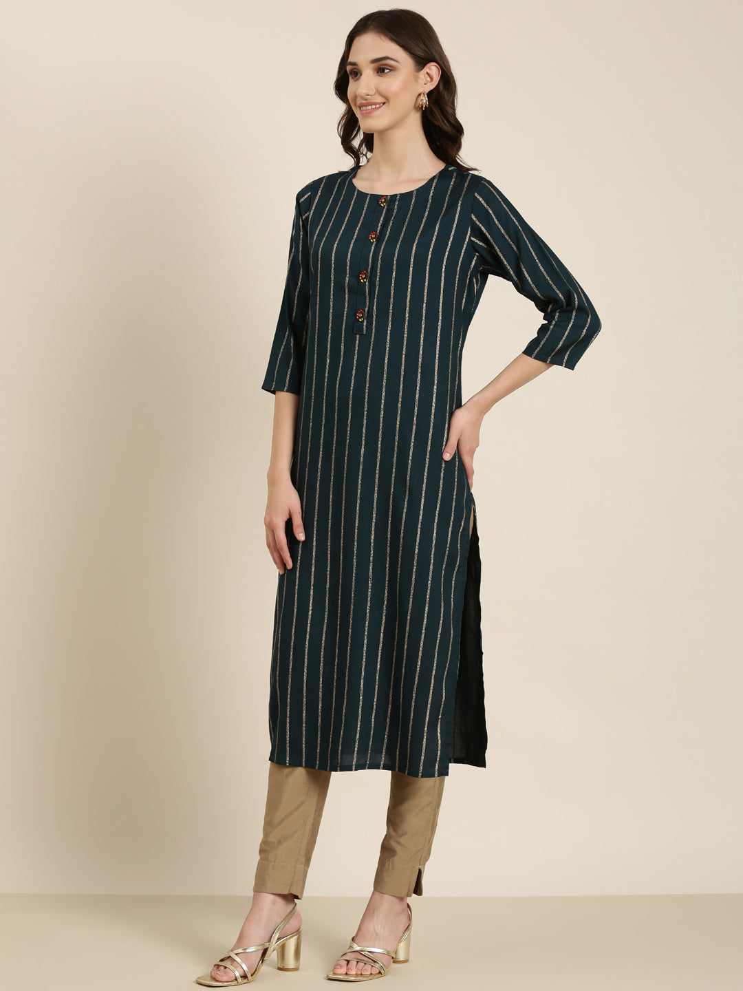 Women Teal Striped Straight Kurta