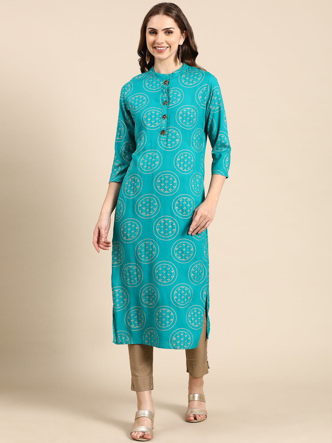 Women's Turquoise Blue Printed Straight Kurta