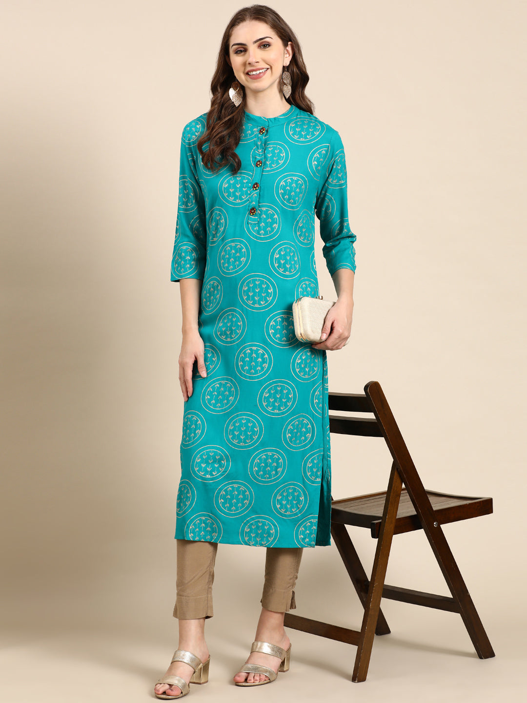 Women's Turquoise Blue Printed Straight Kurta